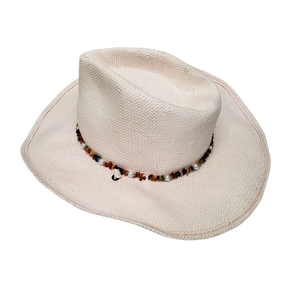 Scala Women's Pink Cowgirl Western Straw Hat Pearls & Stones & Wire Brim Sz S/M